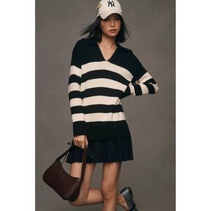 English Factory Womens Sweater Dress M Striped Twofer Knit Pleated Hem Academia